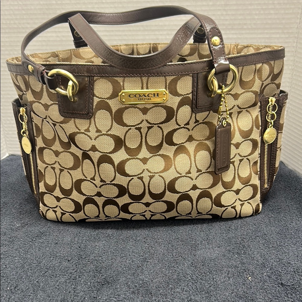 Coach Brown Monogram Tote Bag with Leather Trim